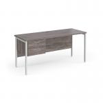 Maestro 25 straight desk 1600mm x 600mm with 2 drawer pedestal - white H-frame leg, grey oak top MH616P2WHGO