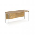 Maestro 25 straight desk 1600mm x 600mm with 2 drawer pedestal - white H-frame leg, oak top MH616P2WHO
