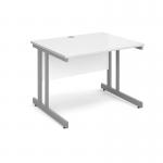 In the photo, we see a sleek and modern Dams International Desking Momento straight desk. The desk features a silver cantilever frame and a white top measuring 1000mm x 800mm. The overall aesthetic is clean and sophisticated, with clean lines and a minimalist design. The desk would fit seamlessly into any professional workspace or home office.