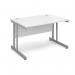 The photo shows a sleek and modern silver cantilever framed desk with a white top. The desk measures 1200mm x 800mm and is labeled as the Dams International Desking Momento straight desk. The clean lines and neutral color scheme make it a versatile addition to any workspace.