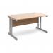 The photograph shows a sleek and modern desk with a silver cantilever frame and a beech wood top measuring 1400mm by 800mm. The desk has a clean and professional appearance, making it suitable for any office or workspace. Its simple design allows for easy customization and organization.