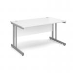 The photo shows a spacious straight desk measuring 1400mm x 800mm, with a white top and a sleek silver cantilever frame. The desk is part of Dams Internationals Desking Momento collection. It provides a clean and modern look, perfect for any office or home workspace.