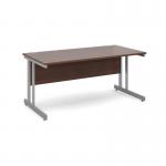 The image shows a sleek and modern straight desk from Dams Internationals Desking Momento collection. The desk measures 1600mm x 800mm and features a silver cantilever frame and a dark walnut top. The clean lines and complementary colors create a professional and sophisticated aesthetic, perfect for any office space.