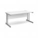 In the photograph, we see a sleek and modern desk with clean lines. The desk features a silver cantilever frame that provides both support and style. The white top adds a bright and airy touch to the desk, creating a professional and inviting workspace. The desk measures 1600mm by 800mm, offering ample space for productivity. This is a perfect desk for any office, providing a contemporary and functional design.