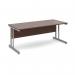 This image shows a sleek, modern desk with a silver cantilever frame and a walnut top. The desk measures 1800mm x 800mm and is from Dams Internationals Desking Momento collection. Its straight design provides a spacious work area, while the combination of silver and walnut gives it a sophisticated appearance.