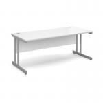 The photo shows a sleek, modern desk with a silver cantilever frame and a white top. The desk measures 1800mm by 800mm and features a straight design. Its clean lines and contemporary aesthetic make it a perfect addition to any office space.