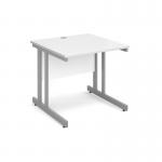 The photo shows a sleek and modern silver cantilever frame supporting a pristine white top. The desk is standard size at 800mm x 800mm, making it suitable for a variety of work environments. Its straight design exudes simplicity and efficiency, making it a versatile choice for any international office setting. This compact and stylish desk would be a great addition to any workspace.