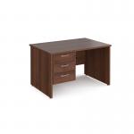 Maestro 25 straight desk 1200mm x 800mm with 3 drawer pedestal - walnut top with panel end leg MP12P3W