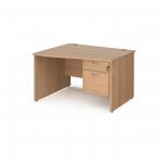 Maestro 25 left hand wave desk 1200mm wide with 2 drawer pedestal - beech top with panel end leg MP12WLP2B