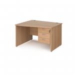 Maestro 25 left hand wave desk 1200mm wide with 3 drawer pedestal - beech top with panel end leg MP12WLP3B