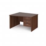 Maestro 25 left hand wave desk 1200mm wide with 3 drawer pedestal - walnut top with panel end leg MP12WLP3W