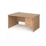 Maestro 25 left hand wave desk 1400mm wide with 3 drawer pedestal - beech top with panel end leg MP14WLP3B