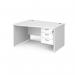 Maestro 25 left hand wave desk 1400mm wide with 3 drawer pedestal - white top with panel end leg MP14WLP3WH