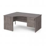 Maestro 25 left hand ergonomic desk 1600mm wide with 2 drawer pedestal - grey oak top with panel end leg