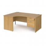 Maestro 25 left hand ergonomic desk 1600mm wide with 2 drawer pedestal - oak top with panel end leg