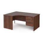 Maestro 25 left hand ergonomic desk 1600mm wide with 2 drawer pedestal - walnut top with panel end leg