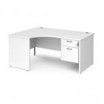 Maestro 25 left hand ergonomic desk 1600mm wide with 2 drawer pedestal - white top with panel end leg MP16ELP2WH