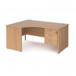 Maestro 25 left hand ergonomic desk 1600mm wide with 3 drawer pedestal - beech top with panel end leg