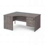 Maestro 25 left hand ergonomic desk 1600mm wide with 3 drawer pedestal - grey oak top with panel end leg