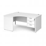 Maestro 25 left hand ergonomic desk 1600mm wide with 3 drawer pedestal - white top with panel end leg