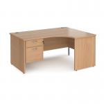 Maestro 25 right hand ergonomic desk 1600mm wide with 2 drawer pedestal - beech top with panel end leg MP16ERP2B