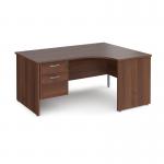 Maestro 25 right hand ergonomic desk 1600mm wide with 2 drawer pedestal - walnut top with panel end leg MP16ERP2W