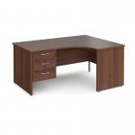 Maestro 25 right hand ergonomic desk 1600mm wide with 3 drawer pedestal - walnut top with panel end leg MP16ERP3W