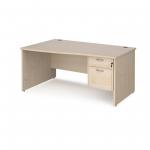 Maestro 25 left hand wave desk 1600mm wide with 2 drawer pedestal - maple top with panel end leg MP16WLP2M