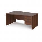 Maestro 25 left hand wave desk 1600mm wide with 2 drawer pedestal - walnut top with panel end leg MP16WLP2W