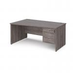 Maestro 25 left hand wave desk 1600mm wide with 3 drawer pedestal - grey oak top with panel end leg MP16WLP3GO