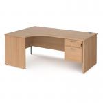Maestro 25 left hand ergonomic desk 1800mm wide with 2 drawer pedestal - beech top with panel end leg