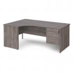 Maestro 25 left hand ergonomic desk 1800mm wide with 2 drawer pedestal - grey oak top with panel end leg