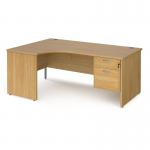 Maestro 25 left hand ergonomic desk 1800mm wide with 2 drawer pedestal - oak top with panel end leg