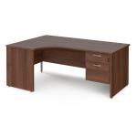 Maestro 25 left hand ergonomic desk 1800mm wide with 2 drawer pedestal - walnut top with panel end leg