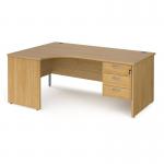 Maestro 25 left hand ergonomic desk 1800mm wide with 3 drawer pedestal - oak top with panel end leg