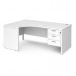 Maestro 25 left hand ergonomic desk 1800mm wide with 3 drawer pedestal - white top with panel end leg MP18ELP3WH