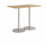 Monza rectangular poseur table with flat round brushed steel bases 1400mm x 800mm - oak