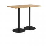 Monza rectangular poseur table with flat round black bases 1400mm x 800mm - oak