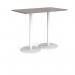 Monza rectangular poseur table with flat round white bases 1400mm x 800mm - grey oak