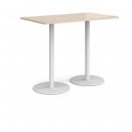Monza rectangular poseur table with flat round white bases 1400mm x 800mm - maple