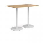 Monza rectangular poseur table with flat round white bases 1400mm x 800mm - oak