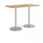 Monza rectangular poseur table with flat round brushed steel bases 1600mm x 800mm - oak