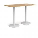 Monza rectangular poseur table with flat round white bases 1600mm x 800mm - oak
