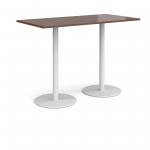 Monza rectangular poseur table with flat round white bases 1600mm x 800mm - walnut MPR1600-WH-W