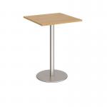 Monza square poseur table with flat round brushed steel base 800mm - oak