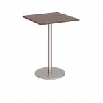 Monza square poseur table with flat round brushed steel base 800mm - walnut