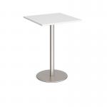 Monza square poseur table with flat round brushed steel base 800mm - white MPS800-BS-WH