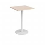 Monza square poseur table with flat round white base 800mm - maple