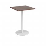 Monza square poseur table with flat round white base 800mm - walnut