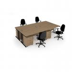 Maestro starter kit for 4 people, comprising of kendal oak desk, black frame, wooden pedestal and Vantage fabric chair with arms in black MSTR-K-KO